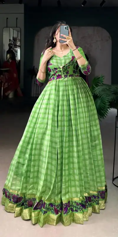 Parrot Green Polyester Viscose Chanderi Gown | Gowns, Bollywood Gowns, Creative Gowns, Designer Gowns, Embroidered Gowns, Party Wear Gowns