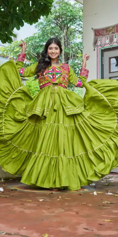 Parrot Green Pure Cotton Mirror Gamthi Work Lehenga Choli | Lehenga, Bollywood Lehenga, Creative Lehenga, Designer Lehenga, Embroidered Lehenga, Party Wear Lehenga