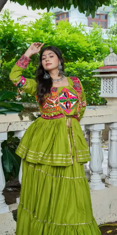 Parrot Green Pure Cotton Mirror Gamthi Work Lehenga Choli | Lehenga, Bollywood Lehenga, Creative Lehenga, Designer Lehenga, Embroidered Lehenga, Party Wear Lehenga