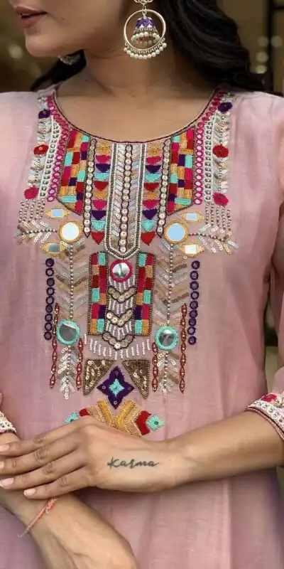 Peach Chanderi Silk With Mirror Work Embroidery Salwar Suit | Jump Suits, Salwar suit, Casual Suits, Creative suits, Designer Suits, Palazzo Suits, Party Wear Suits, Patiala Suits, Straight Suits