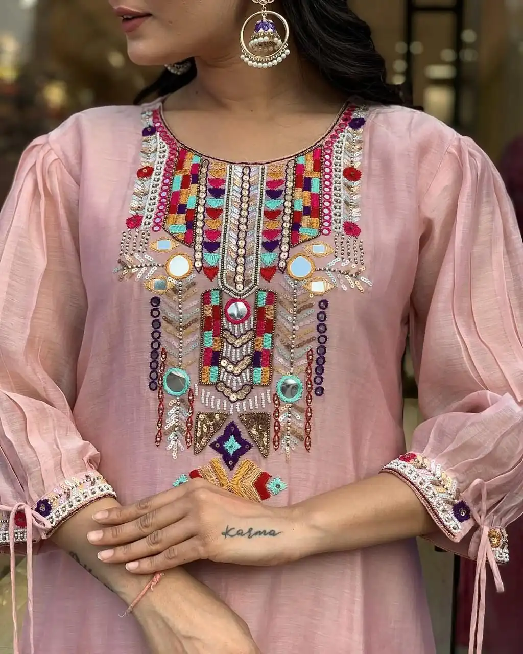 Peach Chanderi Silk With Mirror Work Embroidery Salwar Suit | Jump Suits, Salwar suit, Casual Suits, Creative suits, Designer Suits, Palazzo Suits, Party Wear Suits, Patiala Suits, Straight Suits