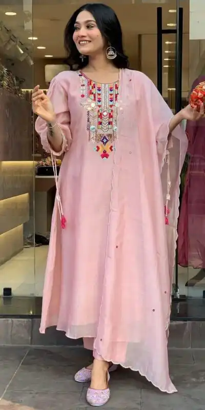 Peach Chanderi Silk With Mirror Work Embroidery Salwar Suit | Jump Suits, Salwar suit, Casual Suits, Creative suits, Designer Suits, Palazzo Suits, Party Wear Suits, Patiala Suits, Straight Suits
