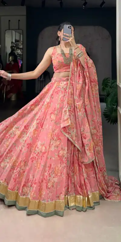 Peach Chiffon Embossed Lehenga Choli | Lehenga, Bollywood Lehenga, Creative Lehenga, Designer Lehenga, Embroidered Lehenga, Party Wear Lehenga