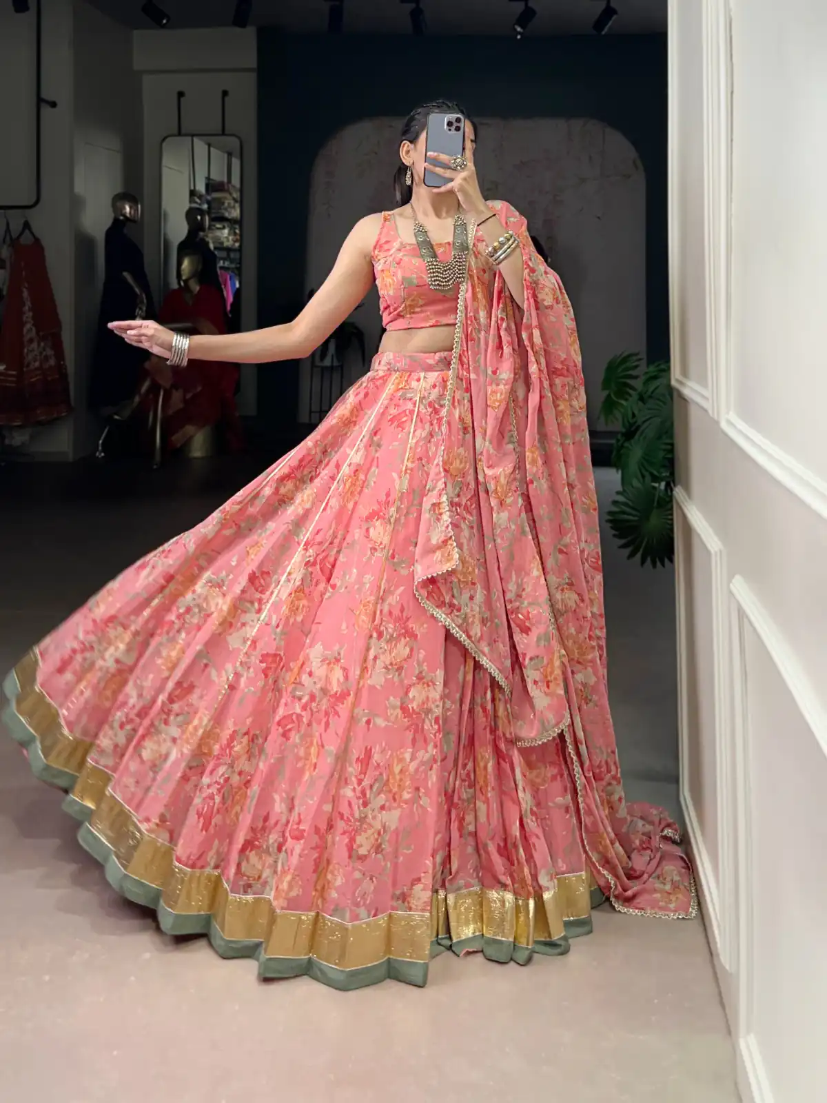 Peach Chiffon Embossed Lehenga Choli | Lehenga, Bollywood Lehenga, Creative Lehenga, Designer Lehenga, Embroidered Lehenga, Party Wear Lehenga
