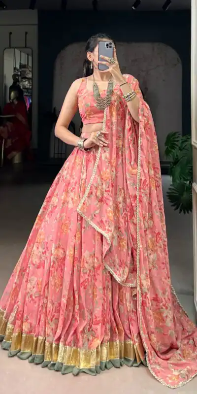 Peach Chiffon Embossed Lehenga Choli | Lehenga, Bollywood Lehenga, Creative Lehenga, Designer Lehenga, Embroidered Lehenga, Party Wear Lehenga
