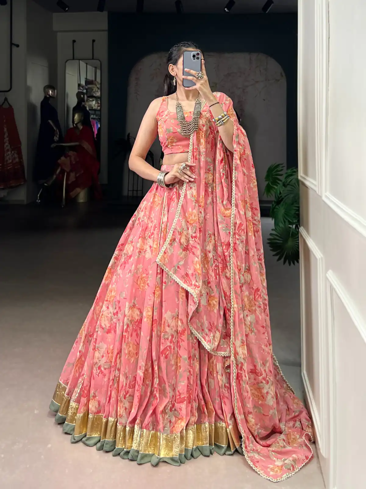 Peach Chiffon Embossed Lehenga Choli | Lehenga, Bollywood Lehenga, Creative Lehenga, Designer Lehenga, Embroidered Lehenga, Party Wear Lehenga