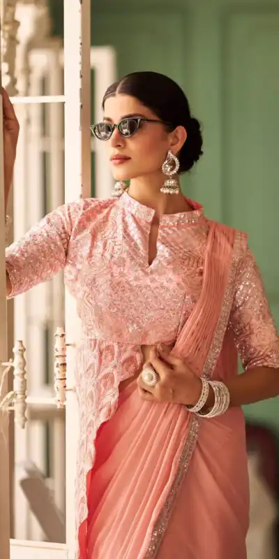 Peach Chinon Embroidery Work Lace Border Saree | Sarees, Bollywood Sarees, Creative Sarees, Designer Sarees, Embroidered Sarees, Ethnic Saree, Modern Digital sarees, Party Wear Sarees