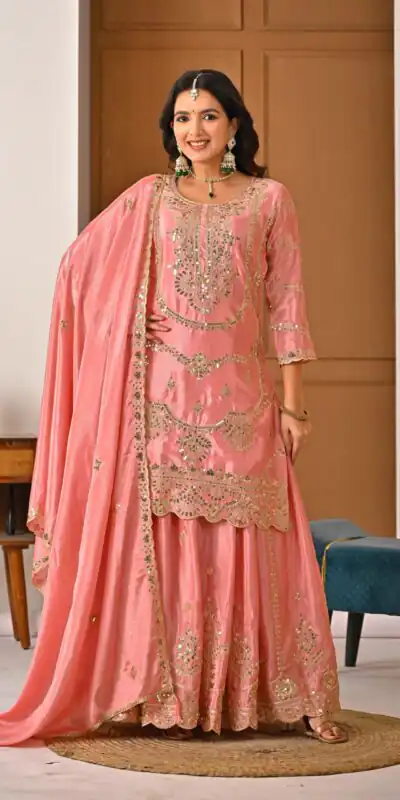 Peach Chinon Silk Embroider Lace Work Salwar Suit | Jump Suits, Salwar suit, Casual Suits, Creative suits, Designer Suits, Palazzo Suits, Party Wear Suits, Patiala Suits, Straight Suits
