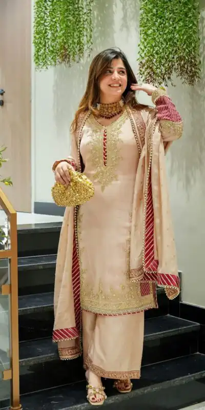 Peach Chinon Silk Embroidery Work Salwar Suit | Jump Suits, Tops & Bottoms, Track Suits, Salwar suit, Casual Suits, Creative suits, Designer Suits, Palazzo Suits, Party Wear Suits, Patiala Suits, Straight Suits, Trendy Wear