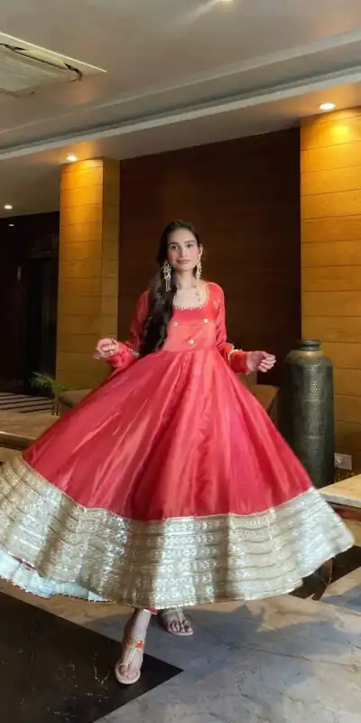 Peach Chinon Silk Lace Work Anakali Suit | Jump Suits, Salwar suit, Casual Suits, Creative suits, Designer Suits, Palazzo Suits, Party Wear Suits, Patiala Suits, Straight Suits