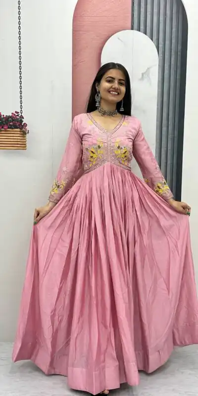 Peach Chinon Thread Embroidery Work Gown | Gowns, Bollywood Gowns, Creative Gowns, Designer Gowns, Embroidered Gowns, Party Wear Gowns