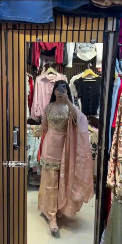 Peach Cosmos Embroidery Mirror Work Salwar Suit | Jump Suits, Salwar suit, Casual Suits, Creative suits, Designer Suits, Palazzo Suits, Party Wear Suits, Patiala Suits, Straight Suits