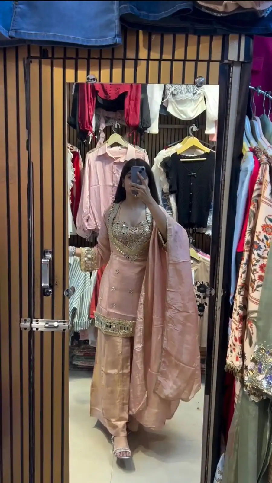 Peach Cosmos Embroidery Mirror Work Salwar Suit | Jump Suits, Salwar suit, Casual Suits, Creative suits, Designer Suits, Palazzo Suits, Party Wear Suits, Patiala Suits, Straight Suits