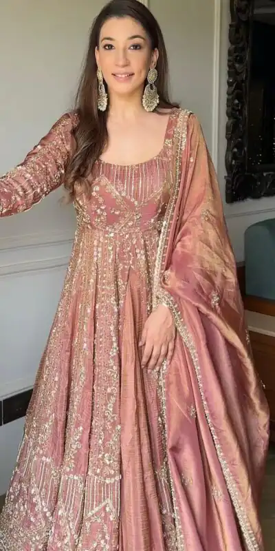 Peach Crunchy Silk Lace Embroidery Work Gown | Gowns, Bollywood Gowns, Creative Gowns, Designer Gowns, Embroidered Gowns, Party Wear Gowns