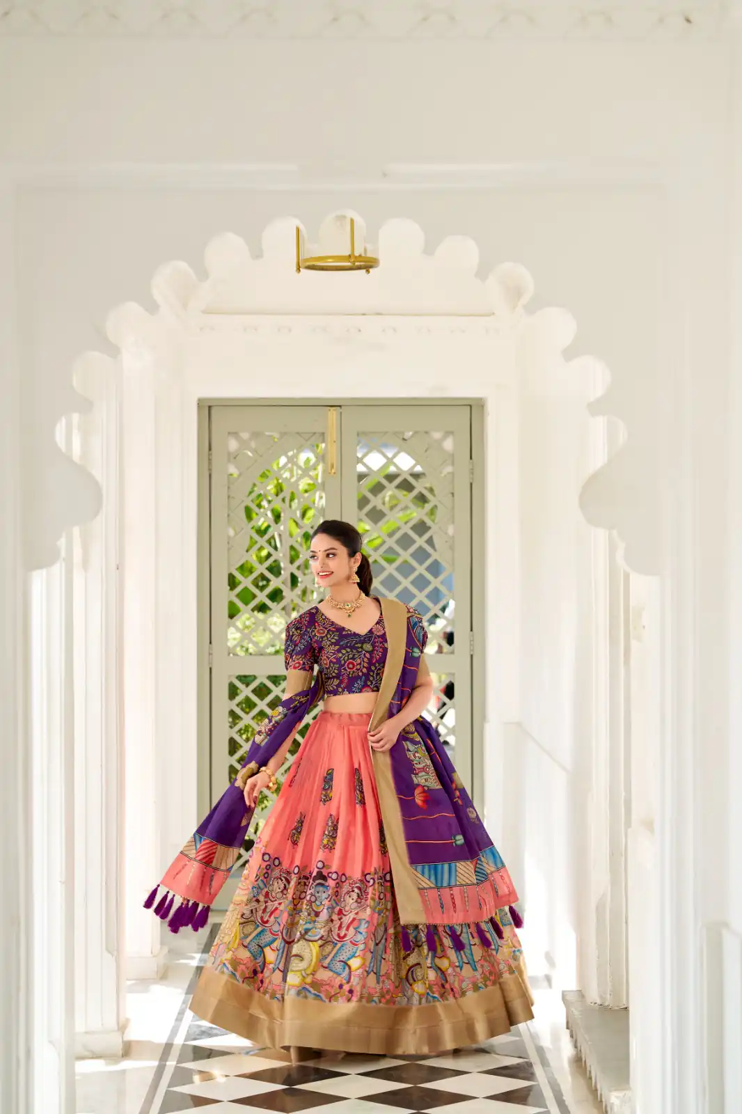 Peach Dola Silk Lace Work Kalamkari Print Lehenga Choli | Lehenga, Bollywood Lehenga, Creative Lehenga, Designer Lehenga, Embroidered Lehenga, Party Wear Lehenga