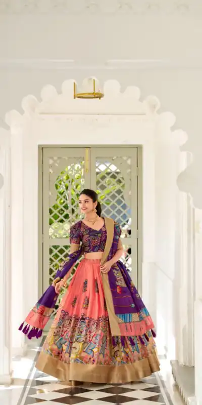 Peach Dola Silk Lace Work Kalamkari Print Lehenga Choli | Lehenga, Bollywood Lehenga, Creative Lehenga, Designer Lehenga, Embroidered Lehenga, Party Wear Lehenga
