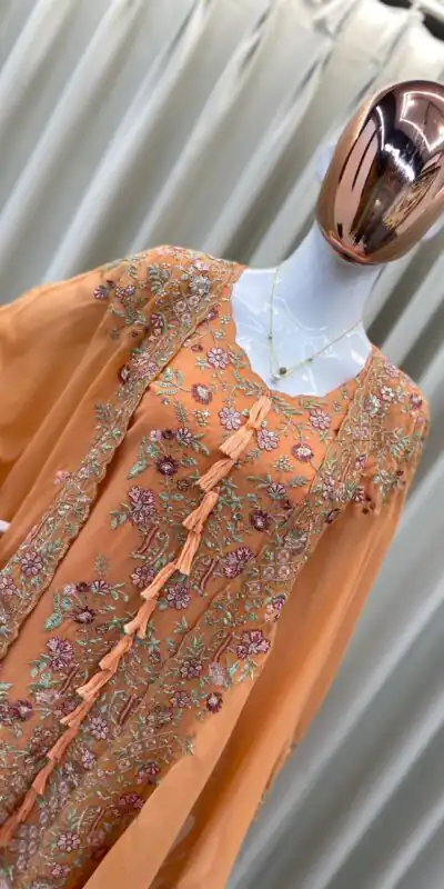 Peach Faux Georgette Embroidery Work Salwar Suit | Jump Suits, Tops & Bottoms, Track Suits, Salwar suit, Casual Suits, Creative suits, Designer Suits, Palazzo Suits, Party Wear Suits, Patiala Suits, Straight Suits, Trendy Wear