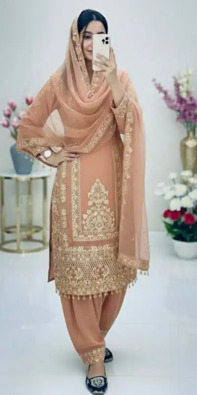 Peach Faux Georgette With Embroidery Work Salwar Suit | Jump Suits, Tops & Bottoms, Track Suits, Salwar suit, Casual Suits, Creative suits, Designer Suits, Palazzo Suits, Party Wear Suits, Patiala Suits, Straight Suits, Trendy Wear