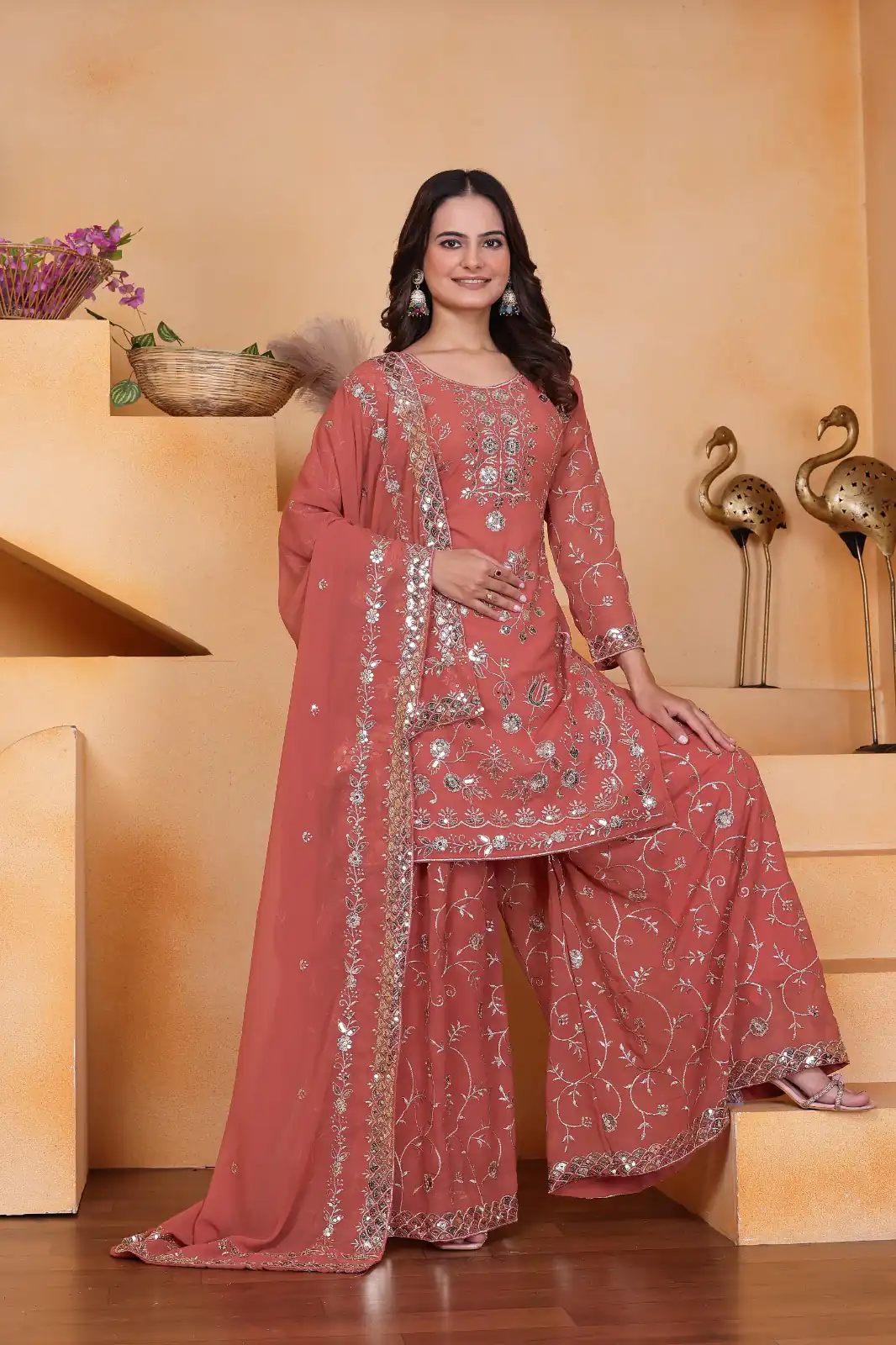Peach Fox Georgette Embroidery Work Salwar Suit | Jump Suits, Salwar suit, Casual Suits, Creative suits, Designer Suits, Palazzo Suits, Party Wear Suits, Patiala Suits, Straight Suits
