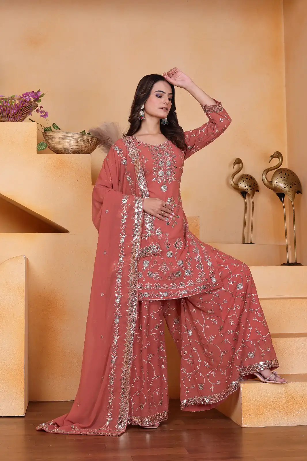 Peach Fox Georgette Embroidery Work Salwar Suit | Jump Suits, Salwar suit, Casual Suits, Creative suits, Designer Suits, Palazzo Suits, Party Wear Suits, Patiala Suits, Straight Suits