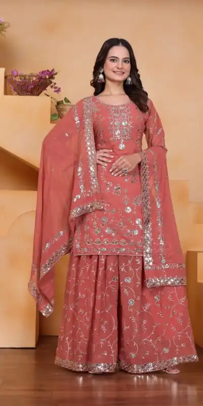 Peach Fox Georgette Embroidery Work Salwar Suit | Jump Suits, Salwar suit, Casual Suits, Creative suits, Designer Suits, Palazzo Suits, Party Wear Suits, Patiala Suits, Straight Suits