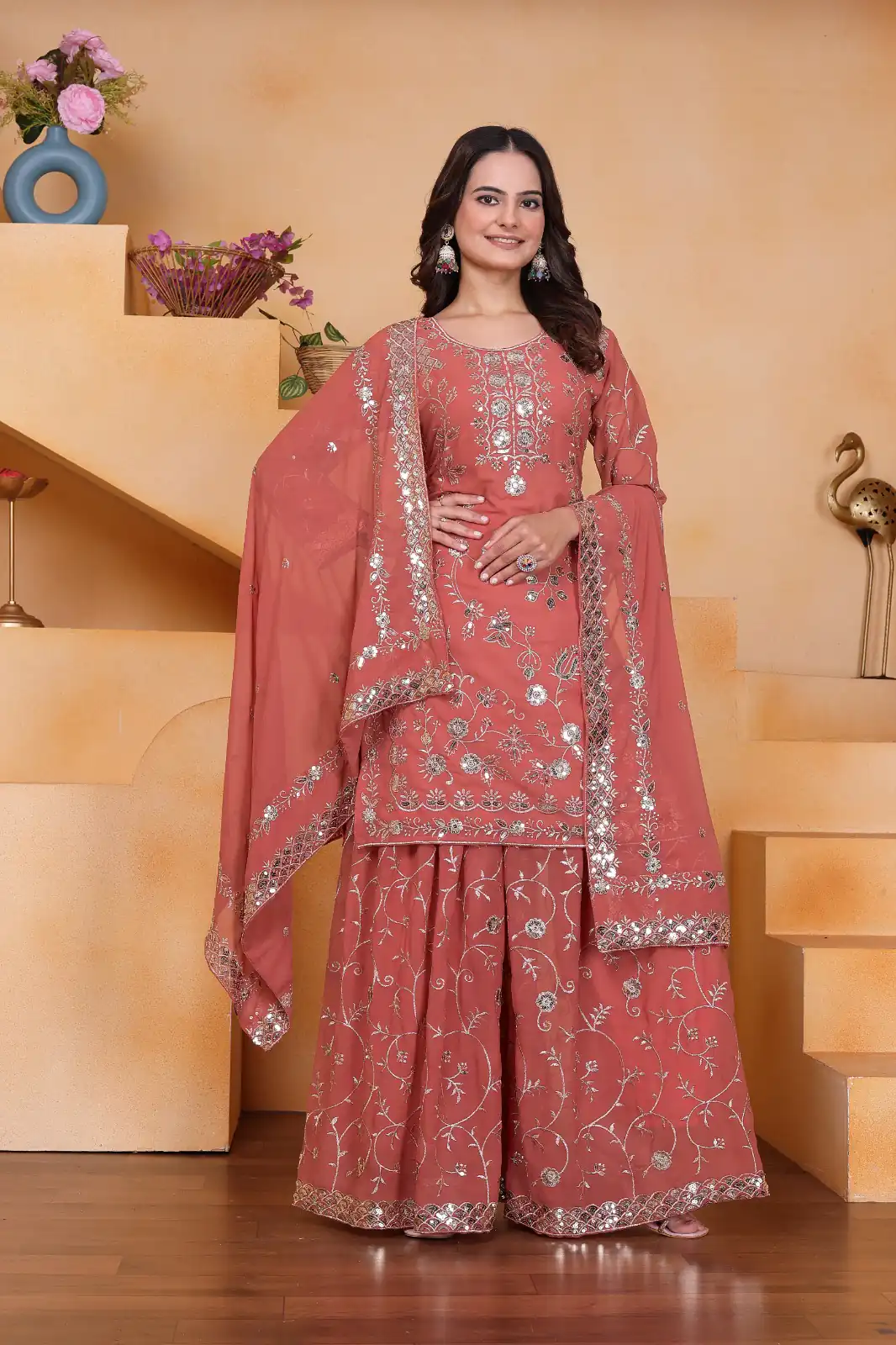 Peach Fox Georgette Embroidery Work Salwar Suit | Jump Suits, Salwar suit, Casual Suits, Creative suits, Designer Suits, Palazzo Suits, Party Wear Suits, Patiala Suits, Straight Suits