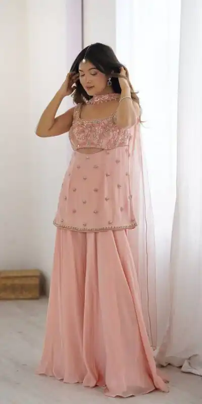 Peach Georgette Lace Work Embroidery Salwar Suit | Jump Suits, Tops & Bottoms, Track Suits, Salwar suit, Casual Suits, Creative suits, Designer Suits, Palazzo Suits, Party Wear Suits, Patiala Suits, Straight Suits, Trendy Wear