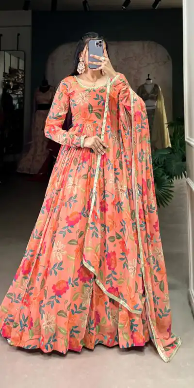 Peach Georgette Printed Gown | Gowns, Bollywood Gowns, Creative Gowns, Designer Gowns, Embroidered Gowns, Party Wear Gowns