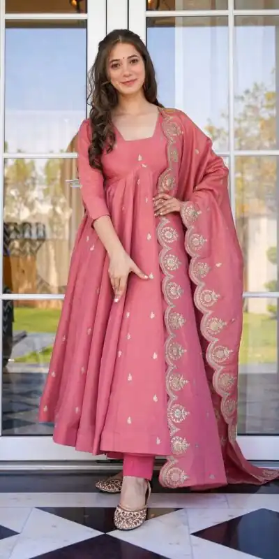 Peach Gold Crush Silk Embroidery Work Gown | Gowns, Bollywood Gowns, Creative Gowns, Designer Gowns, Embroidered Gowns, Party Wear Gowns