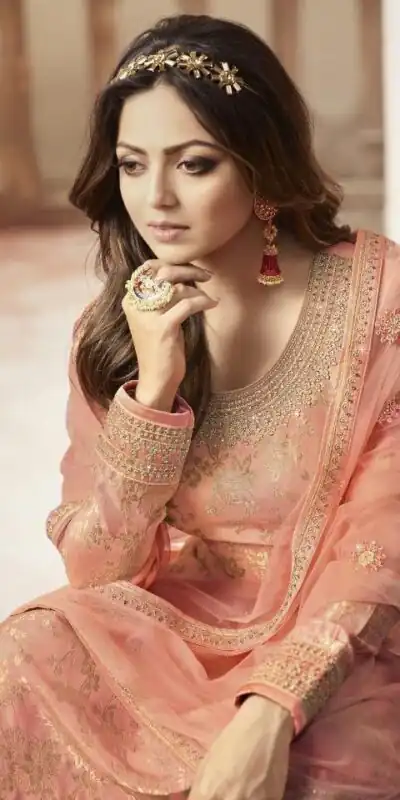 Peach Jacquard Silk Georgette Diamond Sharara Suit | Jump Suits, Salwar suit, Casual Suits, Creative suits, Designer Suits, Palazzo Suits, Party Wear Suits, Patiala Suits, Straight Suits