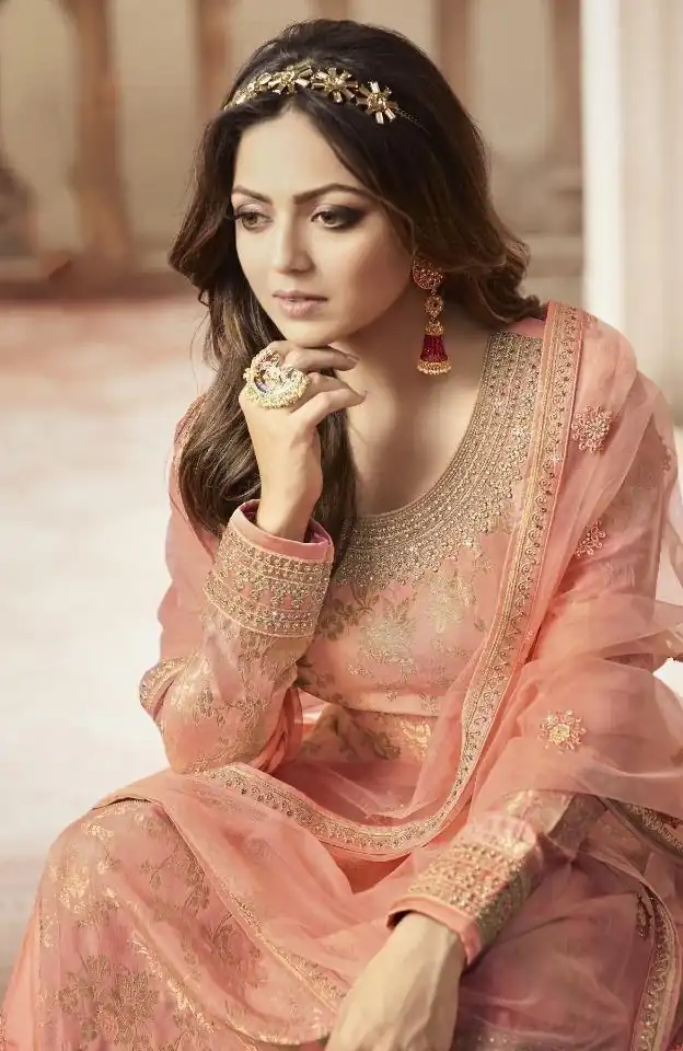 Peach Jacquard Silk Georgette Diamond Sharara Suit | Jump Suits, Salwar suit, Casual Suits, Creative suits, Designer Suits, Palazzo Suits, Party Wear Suits, Patiala Suits, Straight Suits