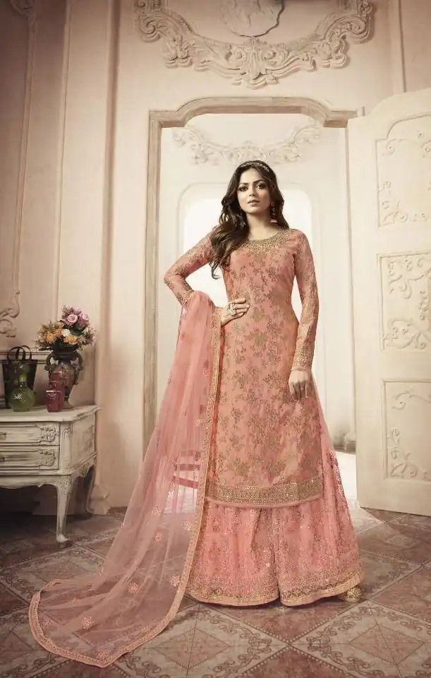 Peach Jacquard Silk Georgette Diamond Sharara Suit | Jump Suits, Salwar suit, Casual Suits, Creative suits, Designer Suits, Palazzo Suits, Party Wear Suits, Patiala Suits, Straight Suits