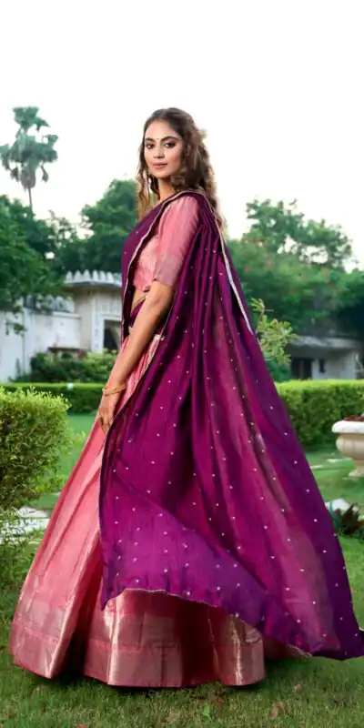 Peach Kanchipuram With Zari Work Lehenga Choli | Lehenga, Bollywood Lehenga, Creative Lehenga, Designer Lehenga, Embroidered Lehenga, Party Wear Lehenga
