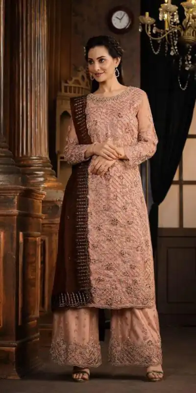 Peach Net With Coding Sequence Work Salwar Suit | Jump Suits, Salwar suit, Casual Suits, Creative suits, Designer Suits, Palazzo Suits, Party Wear Suits, Patiala Suits, Straight Suits