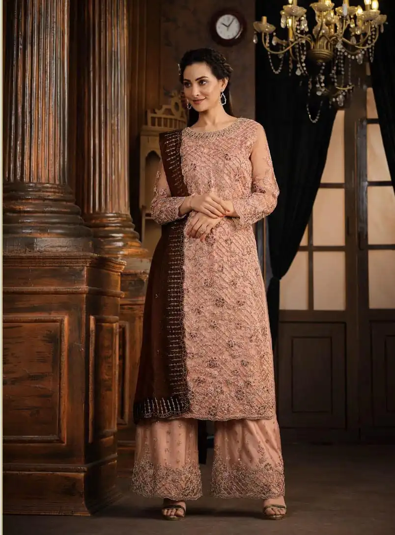 Peach Net With Coding Sequence Work Salwar Suit | Jump Suits, Salwar suit, Casual Suits, Creative suits, Designer Suits, Palazzo Suits, Party Wear Suits, Patiala Suits, Straight Suits