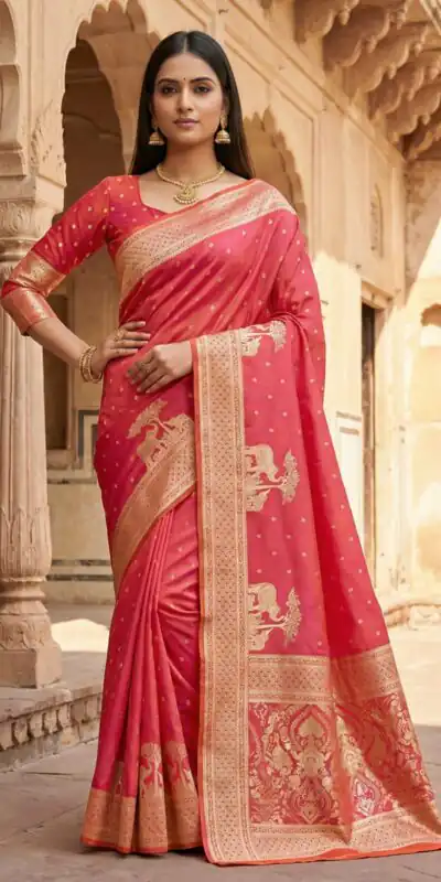 Peach Pure Banarasi Silk Zari Lace Work Saree | Sarees, Bollywood Sarees, Creative Sarees, Designer Sarees, Embroidered Sarees, Ethnic Saree, Modern Digital sarees, Party Wear Sarees