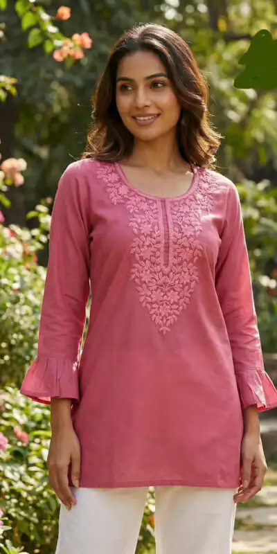 Peach Rayon Chikan Work Kurti | Kurti, Bollywood Kurti, Creative Kurtis, Designer Kurti, Party Wear Kurti, Selfie Kurti