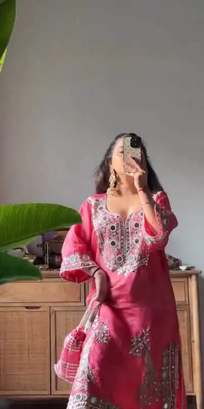 Peach Roman Silk Mirror Work Salwar Suit | Jump Suits, Tops & Bottoms, Track Suits, Salwar suit, Casual Suits, Creative suits, Designer Suits, Palazzo Suits, Party Wear Suits, Patiala Suits, Straight Suits, Trendy Wear