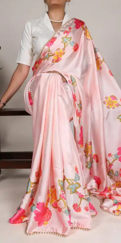 Peach Satin Silk Floral Printed Lace Border Work Saree | Sarees, Bollywood Sarees, Creative Sarees, Designer Sarees, Embroidered Sarees, Ethnic Saree, Modern Digital sarees, Party Wear Sarees