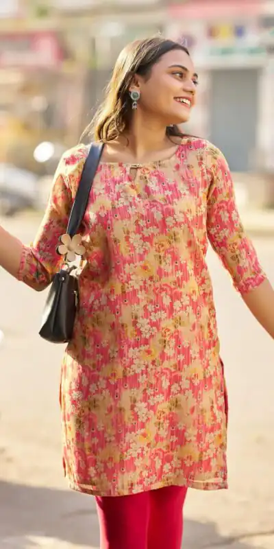 Peach Simmer Silk Office Wear Printed Kurti | Kurti, Bollywood Kurti, Creative Kurtis, Designer Kurti, Party Wear Kurti, Selfie Kurti