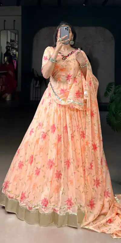 Peach Tabby Embossed Print Lehenga Choli | Lehenga, Bollywood Lehenga, Creative Lehenga, Designer Lehenga, Embroidered Lehenga, Party Wear Lehenga