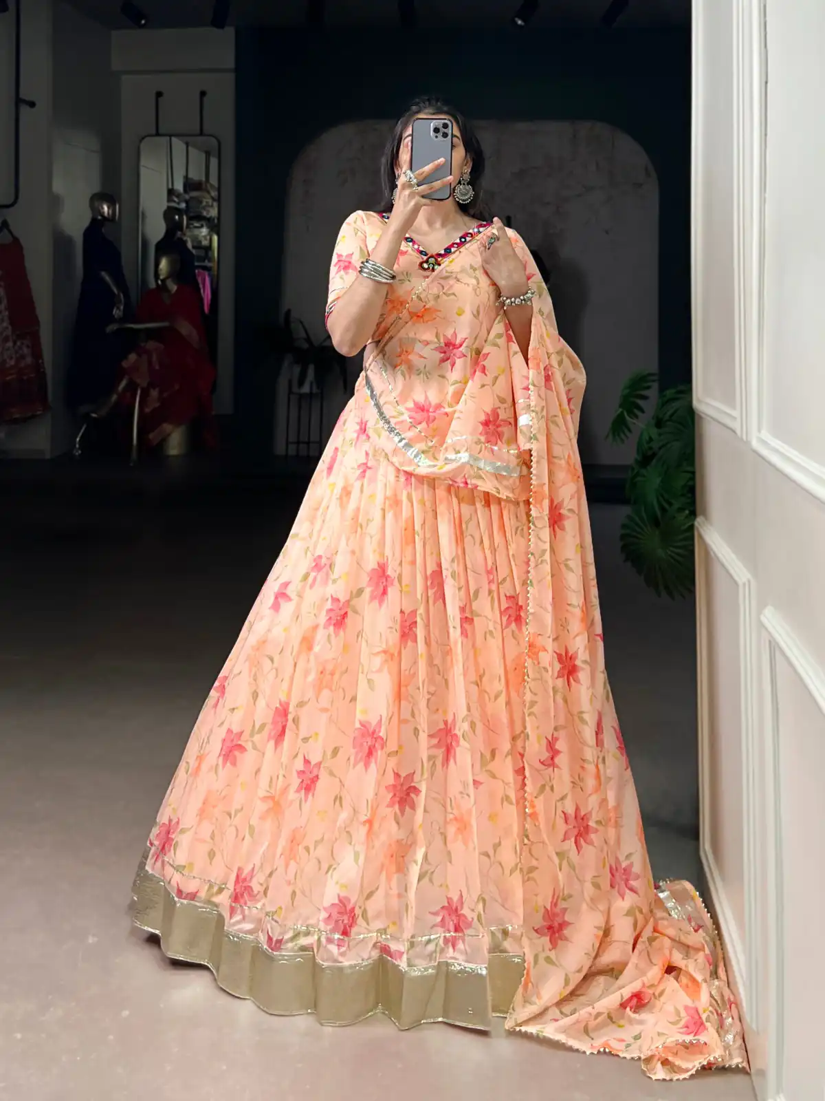 Peach Tabby Embossed Print Lehenga Choli | Lehenga, Bollywood Lehenga, Creative Lehenga, Designer Lehenga, Embroidered Lehenga, Party Wear Lehenga