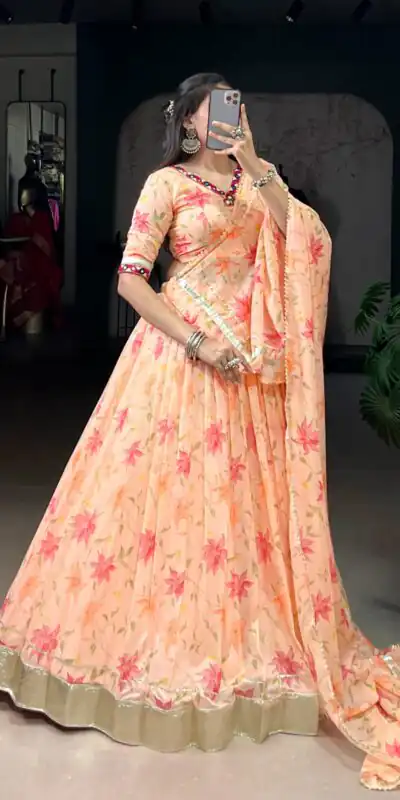Peach Tabby Embossed Print Lehenga Choli | Lehenga, Bollywood Lehenga, Creative Lehenga, Designer Lehenga, Embroidered Lehenga, Party Wear Lehenga