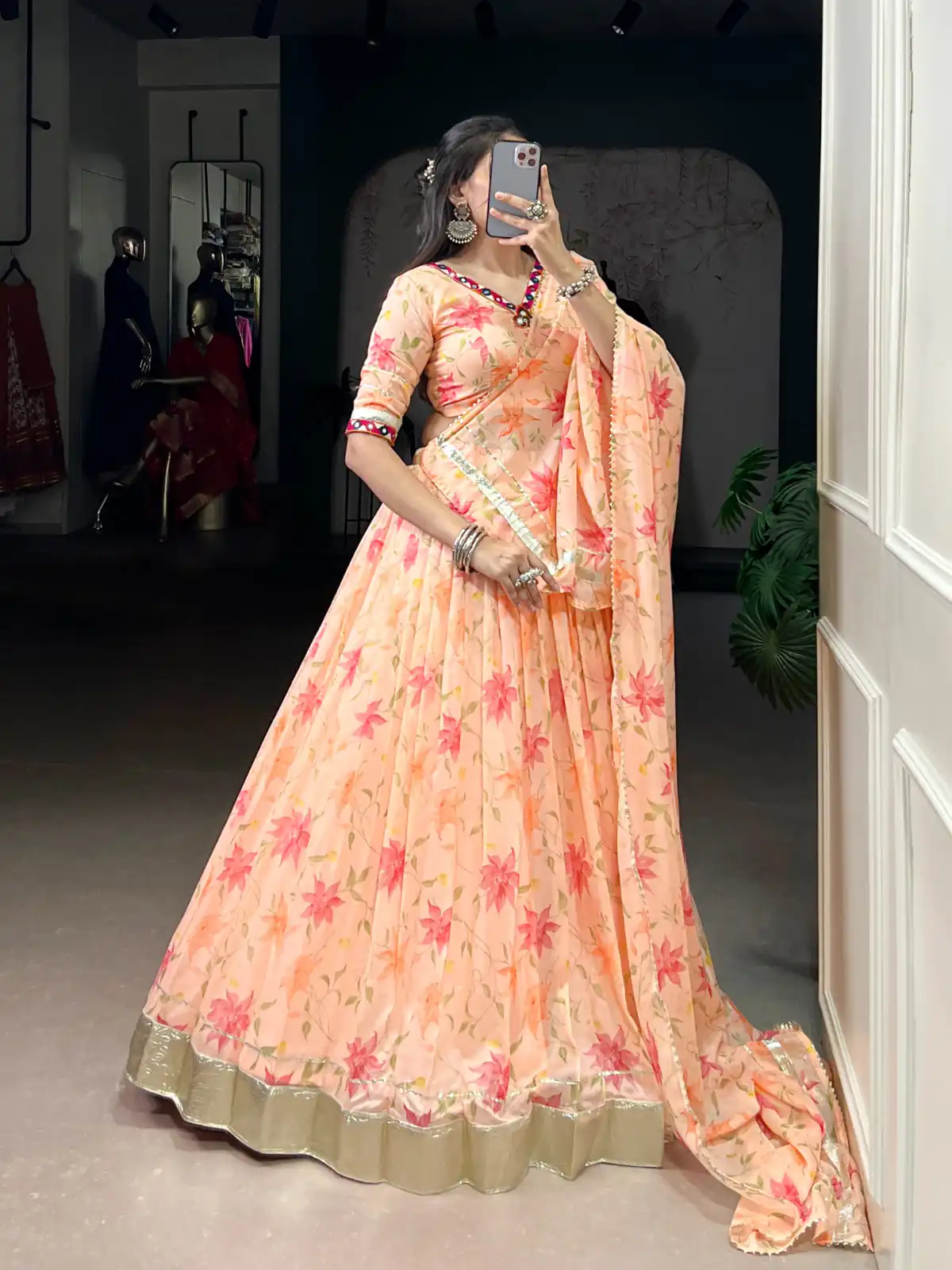 Peach Tabby Embossed Print Lehenga Choli | Lehenga, Bollywood Lehenga, Creative Lehenga, Designer Lehenga, Embroidered Lehenga, Party Wear Lehenga