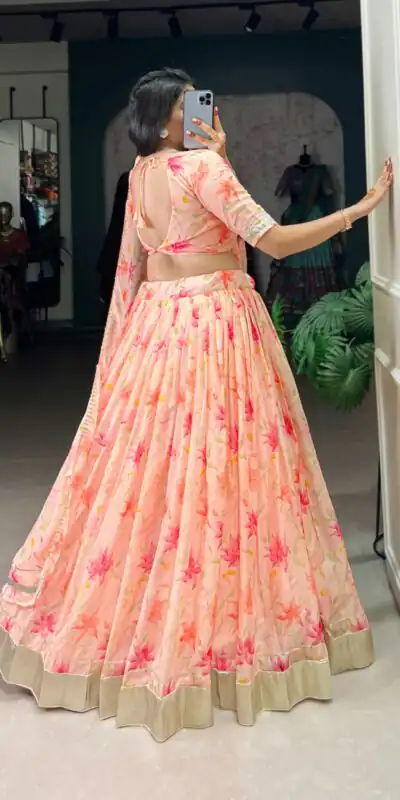 Peach Tabby Silk Lace Work Lehenga Choli | Lehenga, Bollywood Lehenga, Creative Lehenga, Designer Lehenga, Embroidered Lehenga, Party Wear Lehenga
