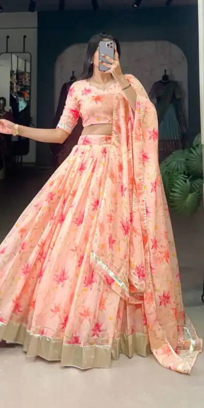 Peach Tabby Silk Lace Work Lehenga Choli | Lehenga, Bollywood Lehenga, Creative Lehenga, Designer Lehenga, Embroidered Lehenga, Party Wear Lehenga