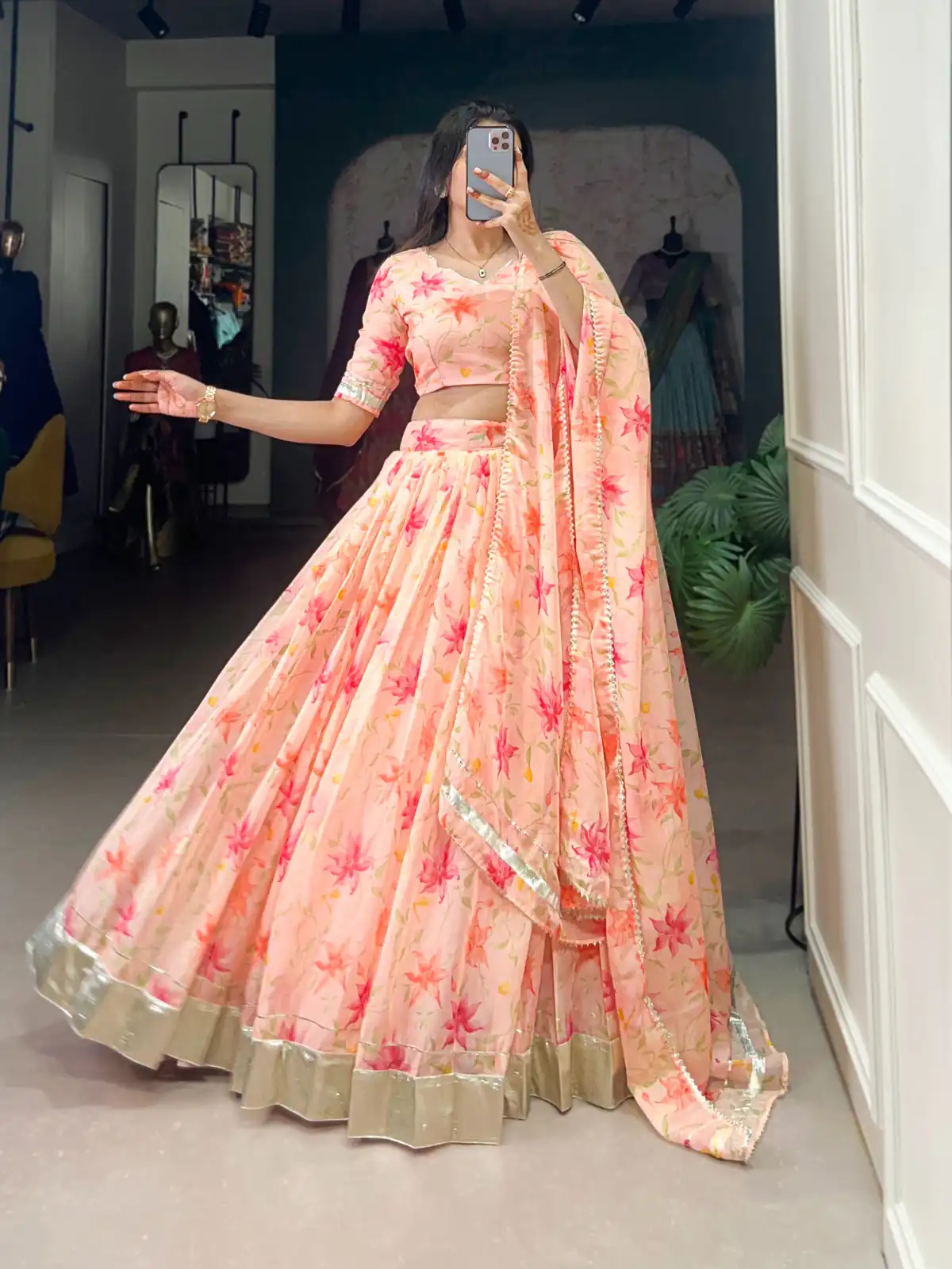 Peach Tabby Silk Lace Work Lehenga Choli | Lehenga, Bollywood Lehenga, Creative Lehenga, Designer Lehenga, Embroidered Lehenga, Party Wear Lehenga