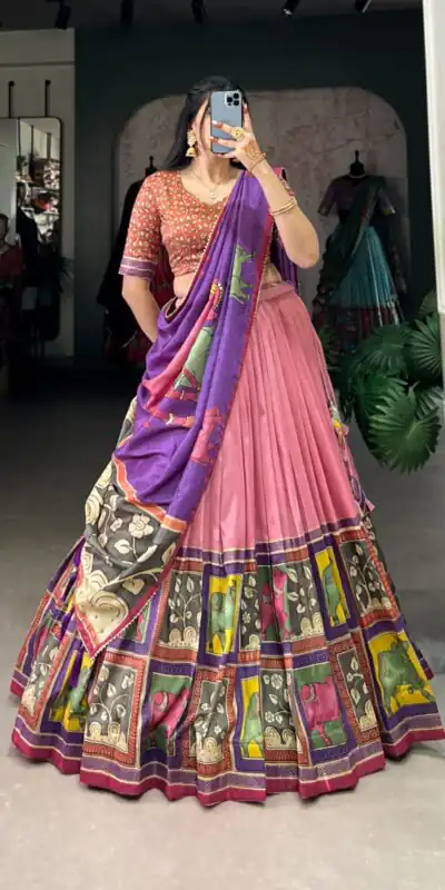 Peach Tasar Kalamkari Lehenga Choli | Lehenga, Bollywood Lehenga, Creative Lehenga, Designer Lehenga, Embroidered Lehenga, Party Wear Lehenga