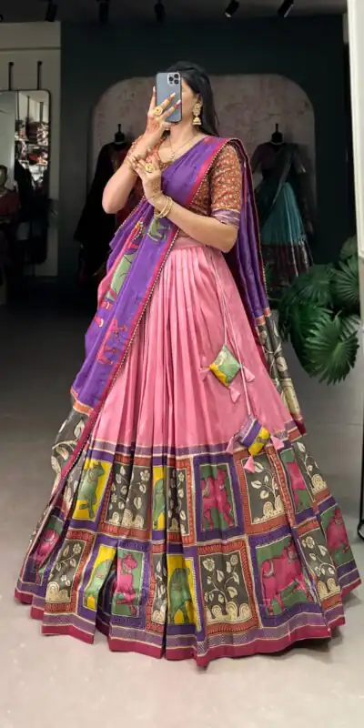Peach Tasar Kalamkari Lehenga Choli | Lehenga, Bollywood Lehenga, Creative Lehenga, Designer Lehenga, Embroidered Lehenga, Party Wear Lehenga