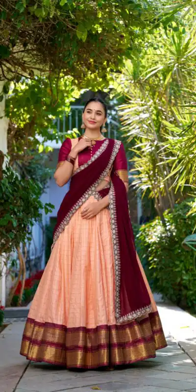 Peach Zari Chex Weaving Work Lehenga Choli | Lehenga, Bollywood Lehenga, Creative Lehenga, Designer Lehenga, Embroidered Lehenga, Party Wear Lehenga